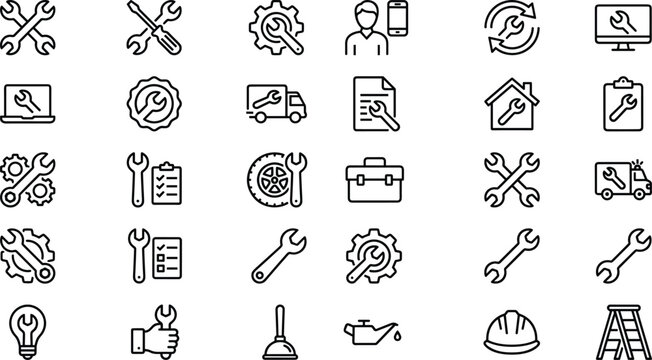 Repair and maintenance service icons set, tools, wrench, gear, installation, technical support and fixing concepts, line vector illustration