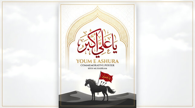 10 muharram ashura day Islamic holiday poster, Youm e Ashura, Arabic calligraphy, horse with flag nice JPG