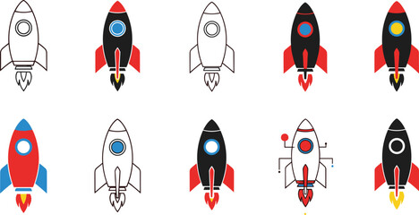 Rocket launch icons collection, startup growth, space exploration and business innovation symbols for digital design projects, vector illustration © Video Creator