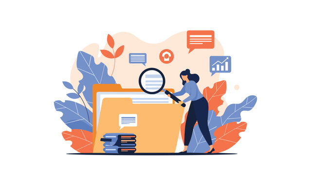 Businesswoman uses a large magnifying glass to search through an oversized yellow file folder surrounded by colorful abstract leaves.