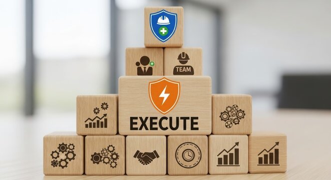 Team execute strategy plan with gears and shield icon