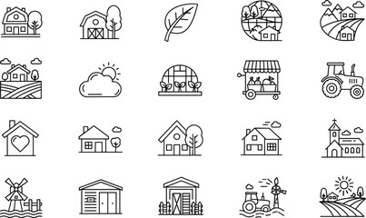 Rural, farm, outline, icons, set, countryside, houses, agriculture, village, nature, landscape, barns, tractor, eco, lifestyle, symbols, line, vector, illustration, pack © Video Creator