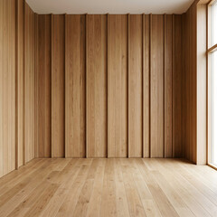 Naklejka premium Modern Wood Interior Design, Warm Oak Paneling, Natural Light, Minimalist Room Background, Contemporary Architecture