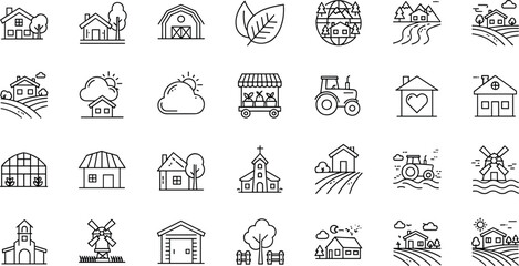 Rural, farm, outline, icons, set, countryside, village, houses, agriculture, nature, landscape, barns, tractor, eco, lifestyle, symbols, line, vector, illustration, pack © Video Creator