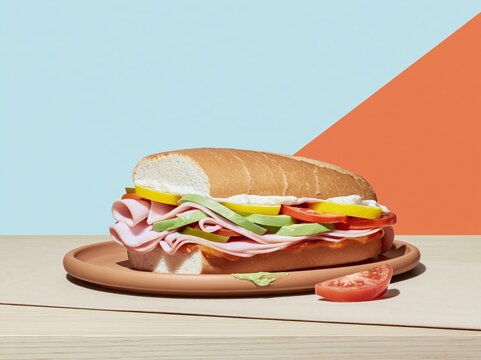Traditional Mexican torta sandwich with ham and avocado on a ceramic plate for restaurant menu design, street food advertising and culinary blog background