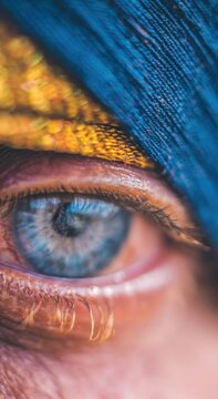 Blue woven fabric and eye of a person wearing a traditional dastar for cultural heritage documentation, religious festival editorial and identity storytelling