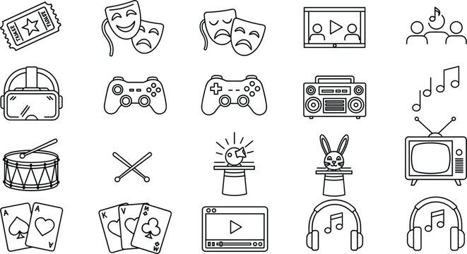 Entertainment and multimedia outline icon set featuring theater masks game controllers vr headset magic trick playing cards headphones and television vector elements