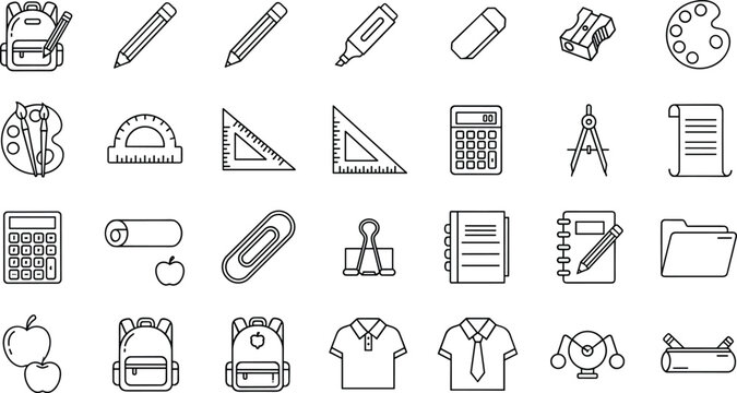 School supplies icon set illustration, education stationery symbols collection, student learning tools, backpack pencil ruler calculator, classroom items, outline style, flat vector