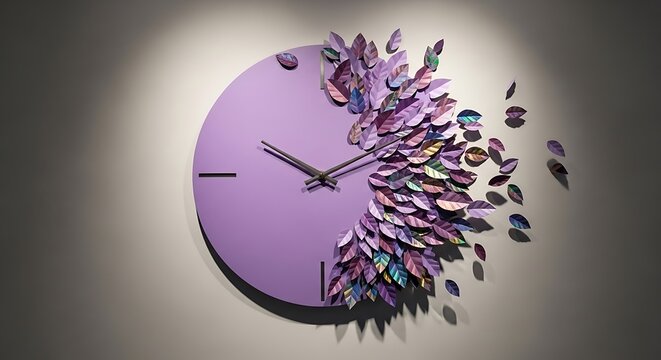 "Modern purple wall clock with purple petals and flowers exploding from the right side, artistic and dynamic"