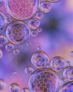 Lavender oil droplets under microscope with terpene molecule pattern for floral biotech aromatherapy science concept