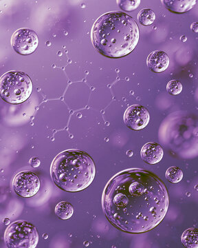 Lavender oil droplets under microscope with terpene molecule pattern for floral biotech aromatherapy science concept