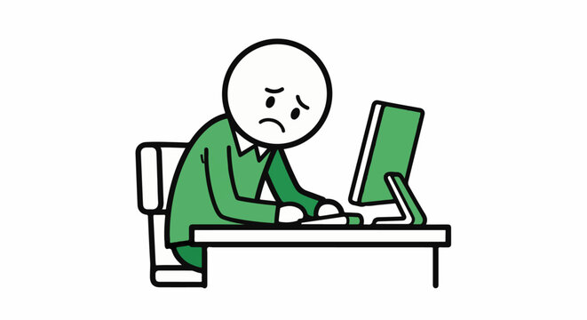 Cartoon person looking sad while working on laptop.