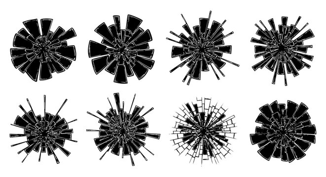 Black explosion burst icons, shockwave effects, dynamic graphics, vector set