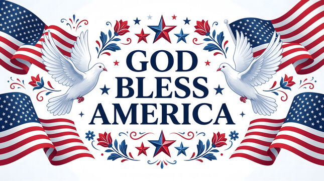 God Bless America, patriotic doves and flags, stars and stripes, USA national holiday celebration