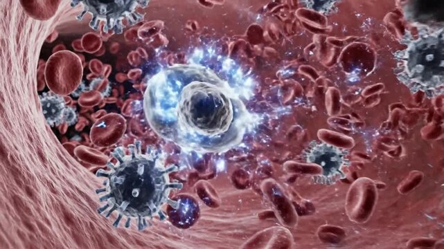 Cinematic 3D immune system visualization showing realistic leukocytes searching for invading microorganisms inside human blood vessels large white blood cells surrounding and engulfing dangerous bacte
