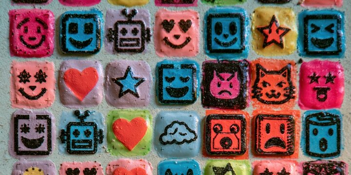Grid of colorful pixel emoji icons printed on a textured surface with robots, hearts, and stars for social media marketing, app development and graphic design assets