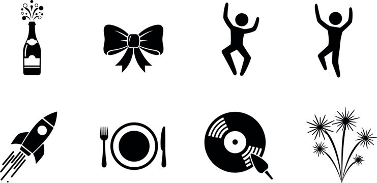 Party and celebration icon set black silhouette vector illustrations featuring champagne bottle ribbon dancing people rocket dinner record and fireworks symbols