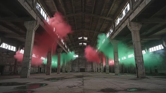 Colored Smoke Bombs Exploding in an Empty Industrial Warehouse