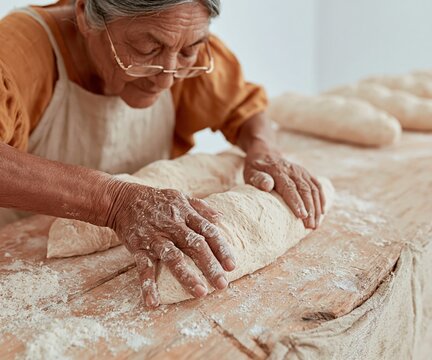 Elderly woman baker with flour on hands shaping raw dough on a wooden table for artisan bakery storytelling, traditional food marketing and culinary heritage campaigns