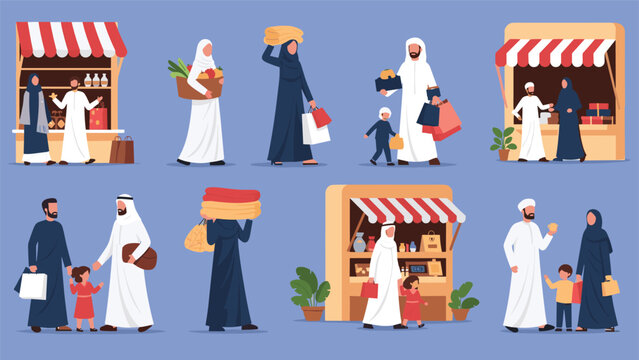 Illustrations of Arab people in traditional clothing engaged in shopping activities at a local outdoor market stall with many goods.