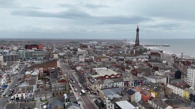Blackpool seaside resort seafront part of town low Panning drone aerial