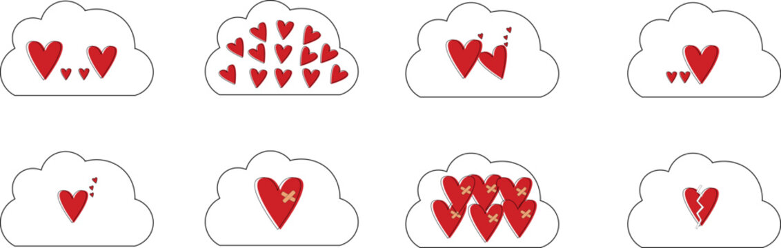 Collection of eight cloud icons featuring red hearts in various arrangements, symbolizing love and affection