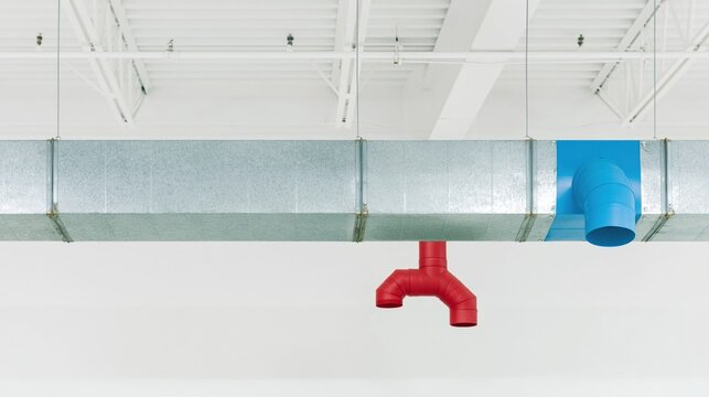 Large galvanized rectangular ventilation duct suspended from a commercial white ceiling grid for hvac engineering documentation, industrial design and architecture projects