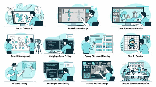 Game development process infographic with various stages