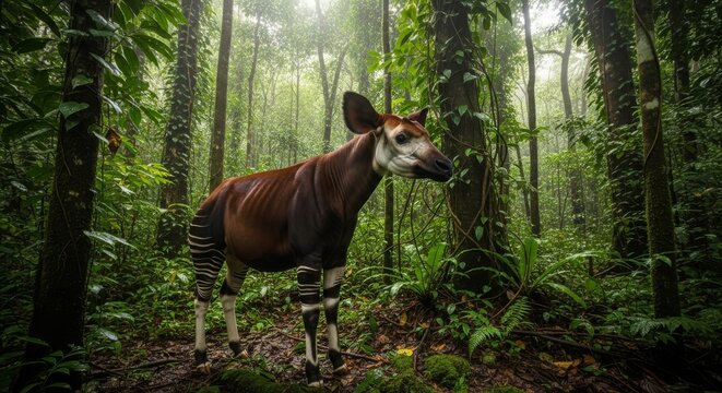 Rare Okapi in Dense Congo Rainforest Habitat - African Wildlife Photography