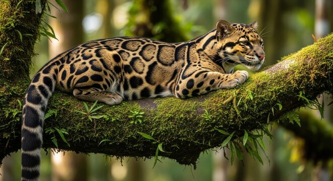 Clouded Leopard Resting on Mossy Tree Branch in a Lush Forest, Showcasing Beautiful Spotted Fur and Natural Camouflage
