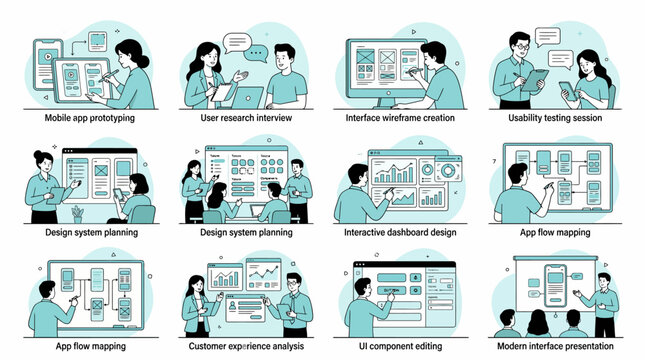 User experience design process infographic with people working on mobile app prototyping and interface wireframe creation