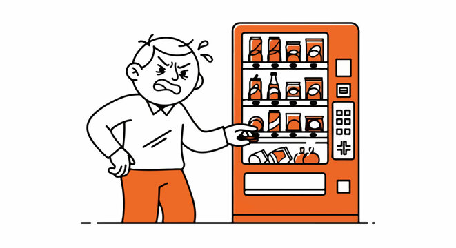 Frustrated man struggling with vending machine choices.