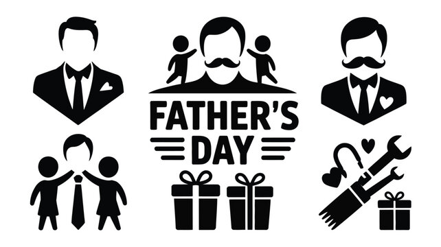 Collection of father day symbols including fathers children gifts and tools.