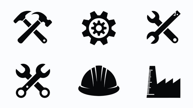 Workshop tools and building factory icons for maintenance and manufacturing logo designs.