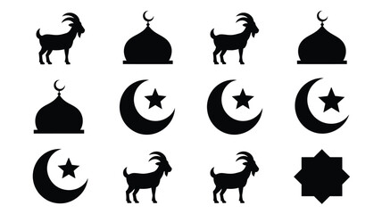Eid al adha mosque dome goat moon and star islamic holiday symbol collection design elements. © Jayshri