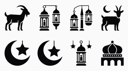 Islamic celebration icons featuring goats hanging lanterns moon stars and mosque building. © Jayshri