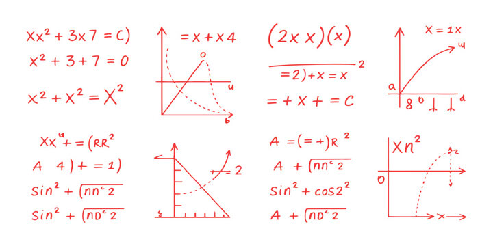 Handwritten mathematical formulas equations and geometry graphs in red ink on white background vector illustration.