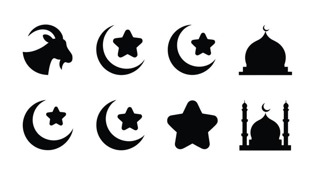 Set of islam themed vector icons featuring goats crescent moons stars and mosque building.