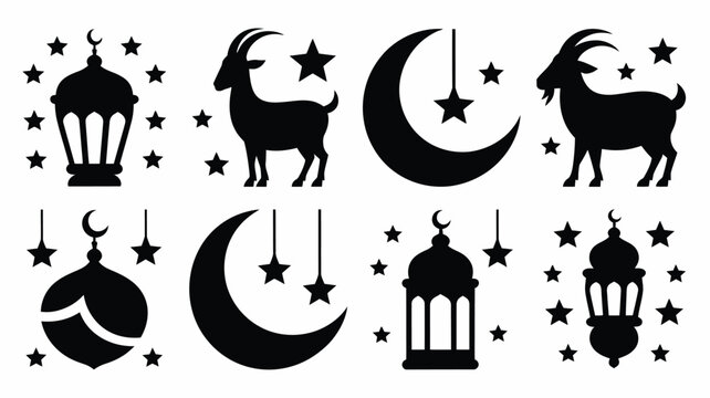 Collection of ramadan icons with goat figures crescent moon stars and ornate lamp designs.