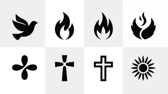 Minimalist icon set of religious concepts including doves fire flames and crosses.