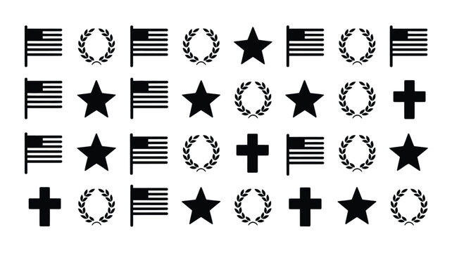 Seamless pattern of military icons including stars wreaths crosses and flags in black ink.