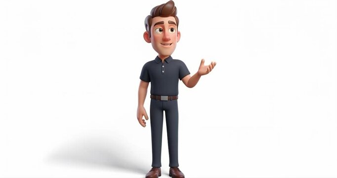 Animated 3 d male figure gesturing with open hand on white background