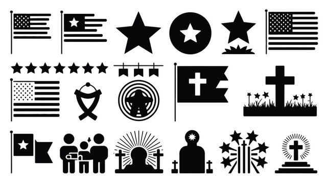 Vector icon pack featuring american themes and memorial symbols for patriotic occasions.