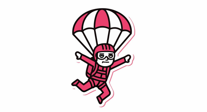 Illustrated character parachuting with colorful canopy above.