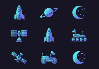 Futuristic Space Exploration Icon Set with Rockets, Planets, Moon, Satellites, and Rovers in Blue Gradient Style for Technology and Astronomy Design © Tutik