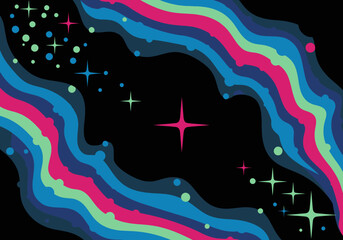 Abstract Neon Cosmic Waves and Stars on Black Background, Retro Synthwave Style Galactic Illustration for Digital Wallpapers and Posters © Tutik