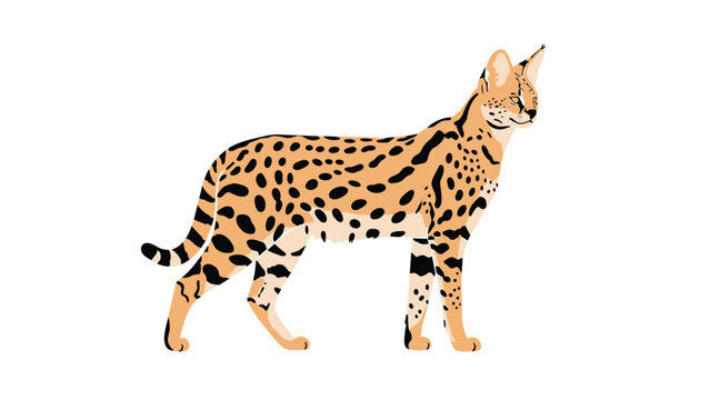 Detailed illustration of a serval wild cat with its characteristic long legs, large ears, and spotted coat pattern.