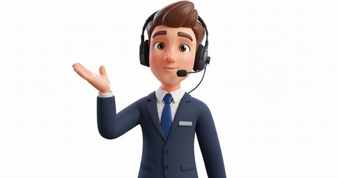 Animated cartoon male character with headset and gesturing hand