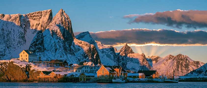 Snow covered mountain peaks overlooking a small fishing village for winter travel campaigns, nordic destination editorial and holiday adventure tourism advertising
