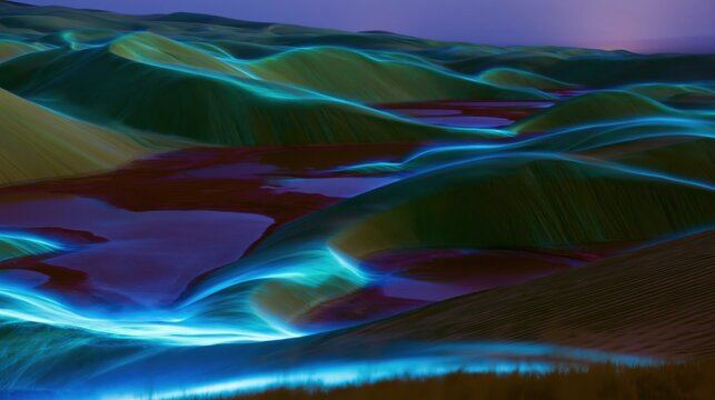 Bioluminescent sand dunes with glowing blue ridges and dark water pools create a surreal desert landscape for travel posters, luxury brand backdrops and nature websites